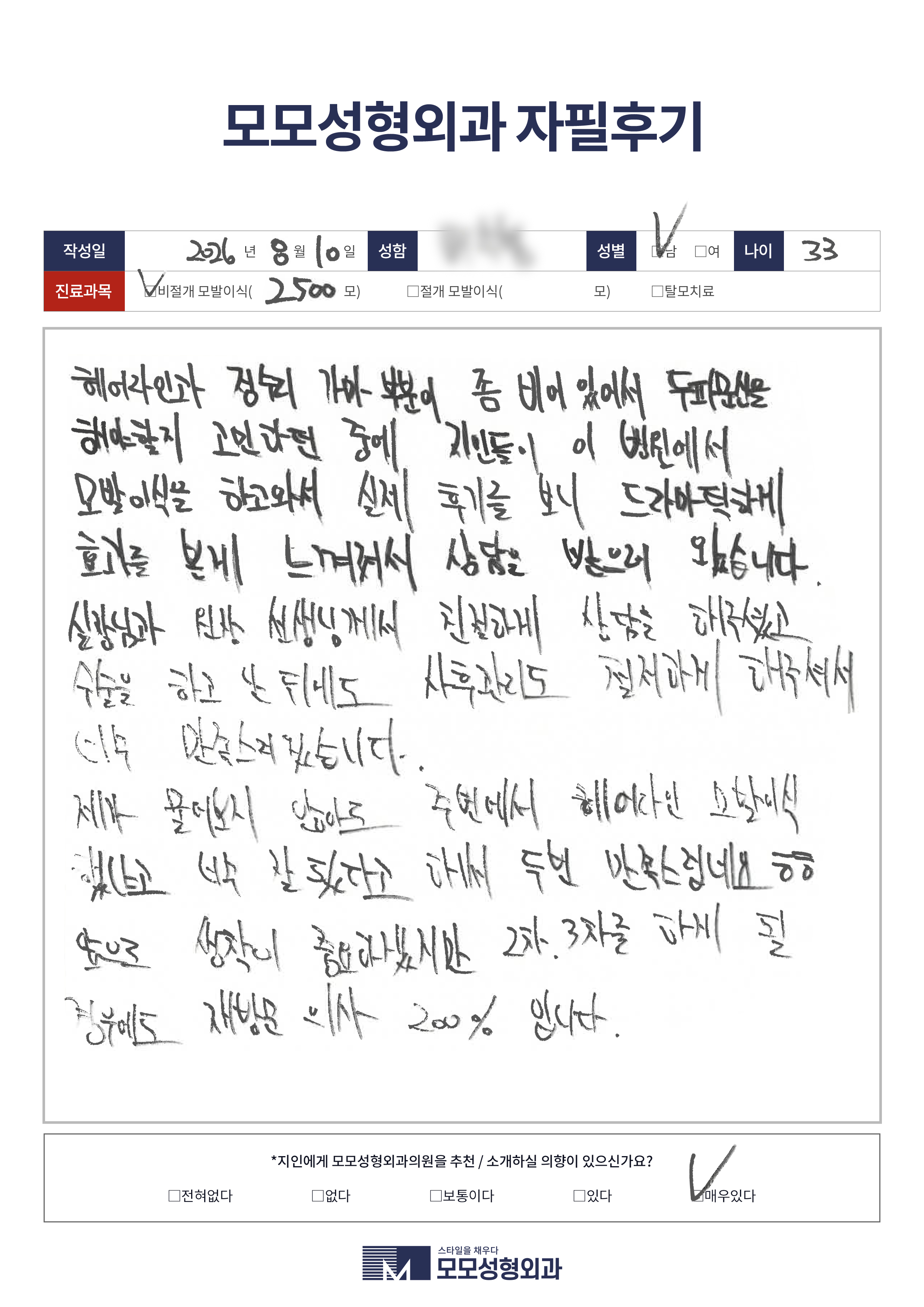 비절개모발이식 30대 2000모