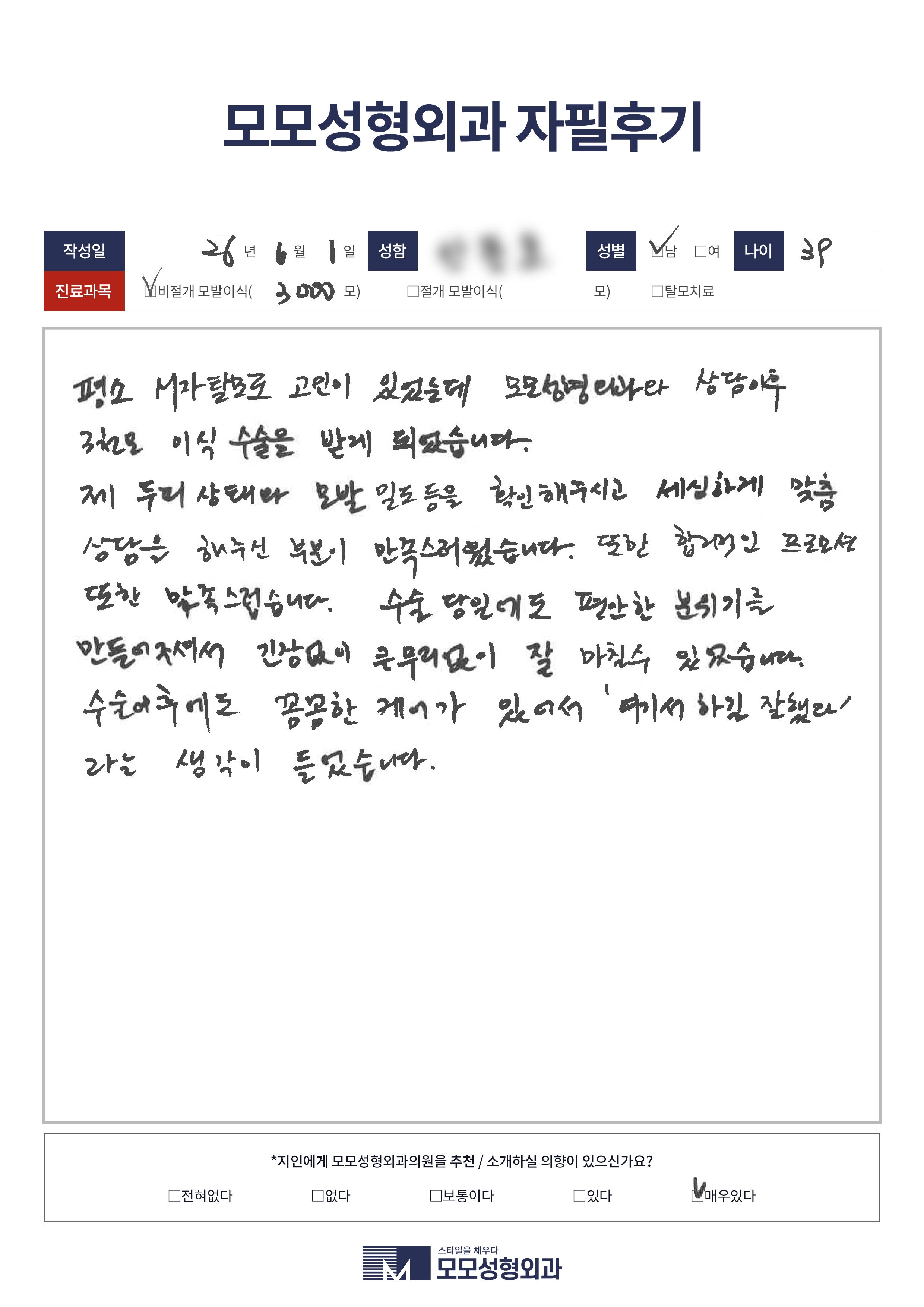 비절개모발이식 30대 3000모