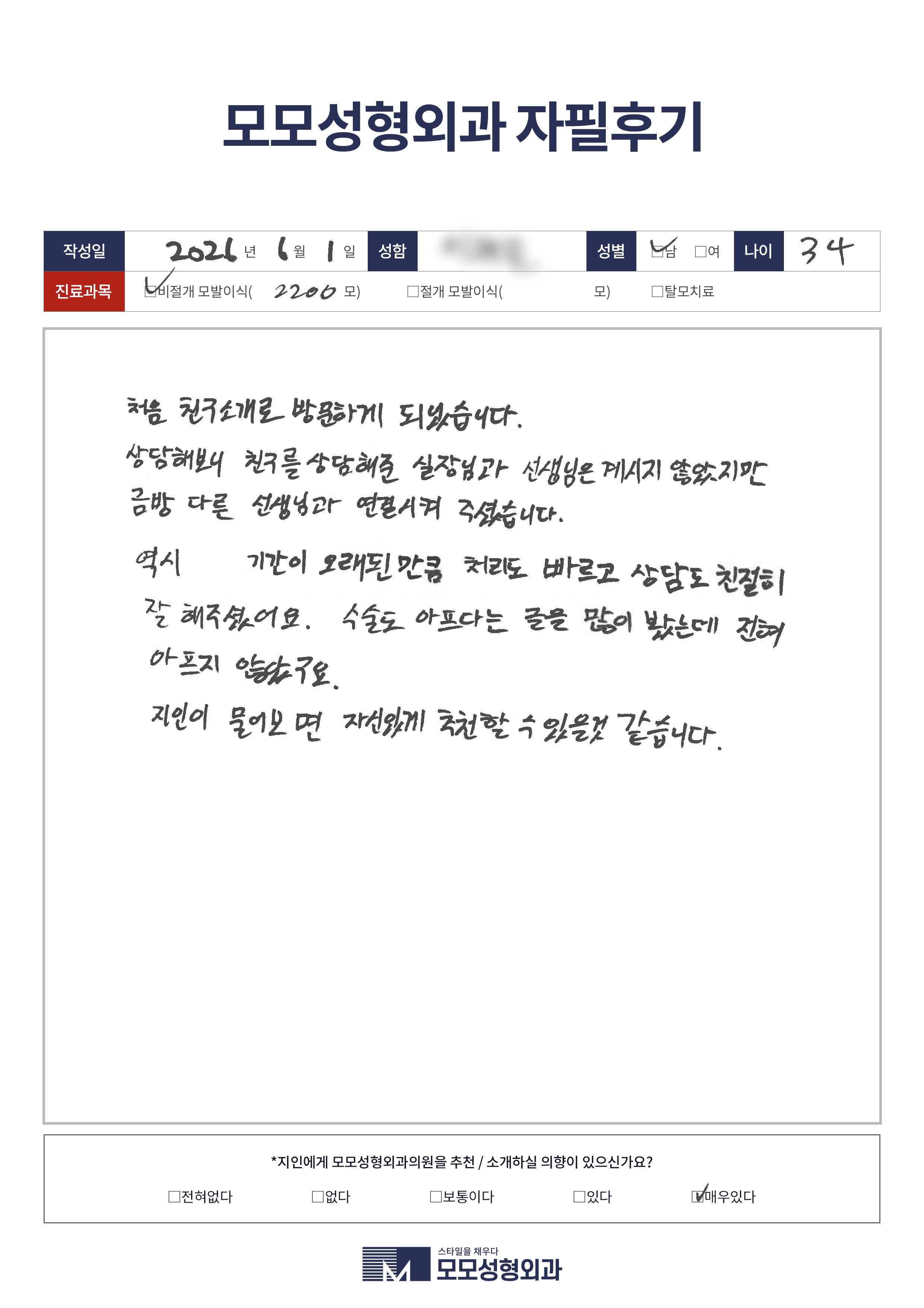 비절개모발이식 30대 2000모