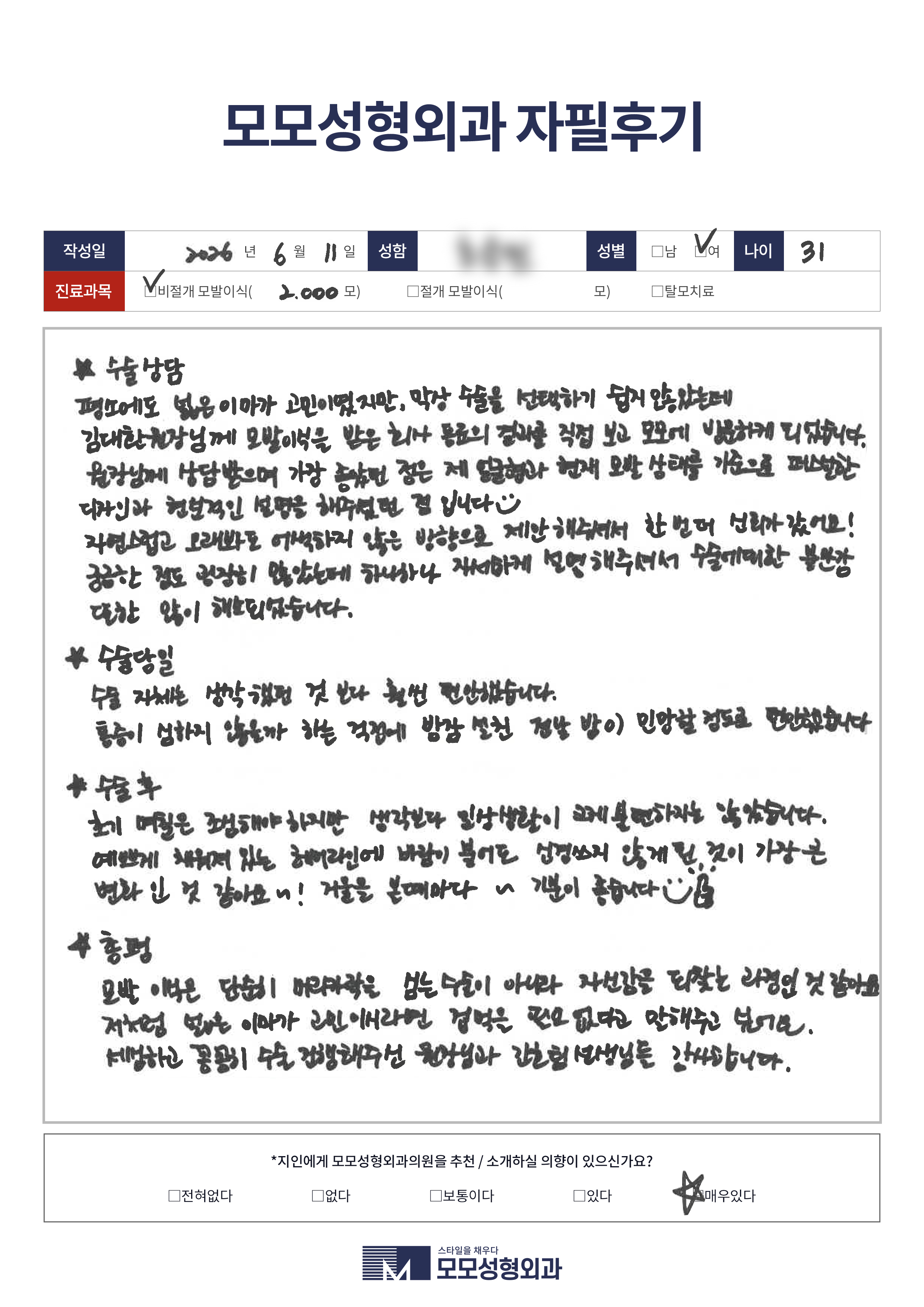 비절개모발이식 30대 2000모