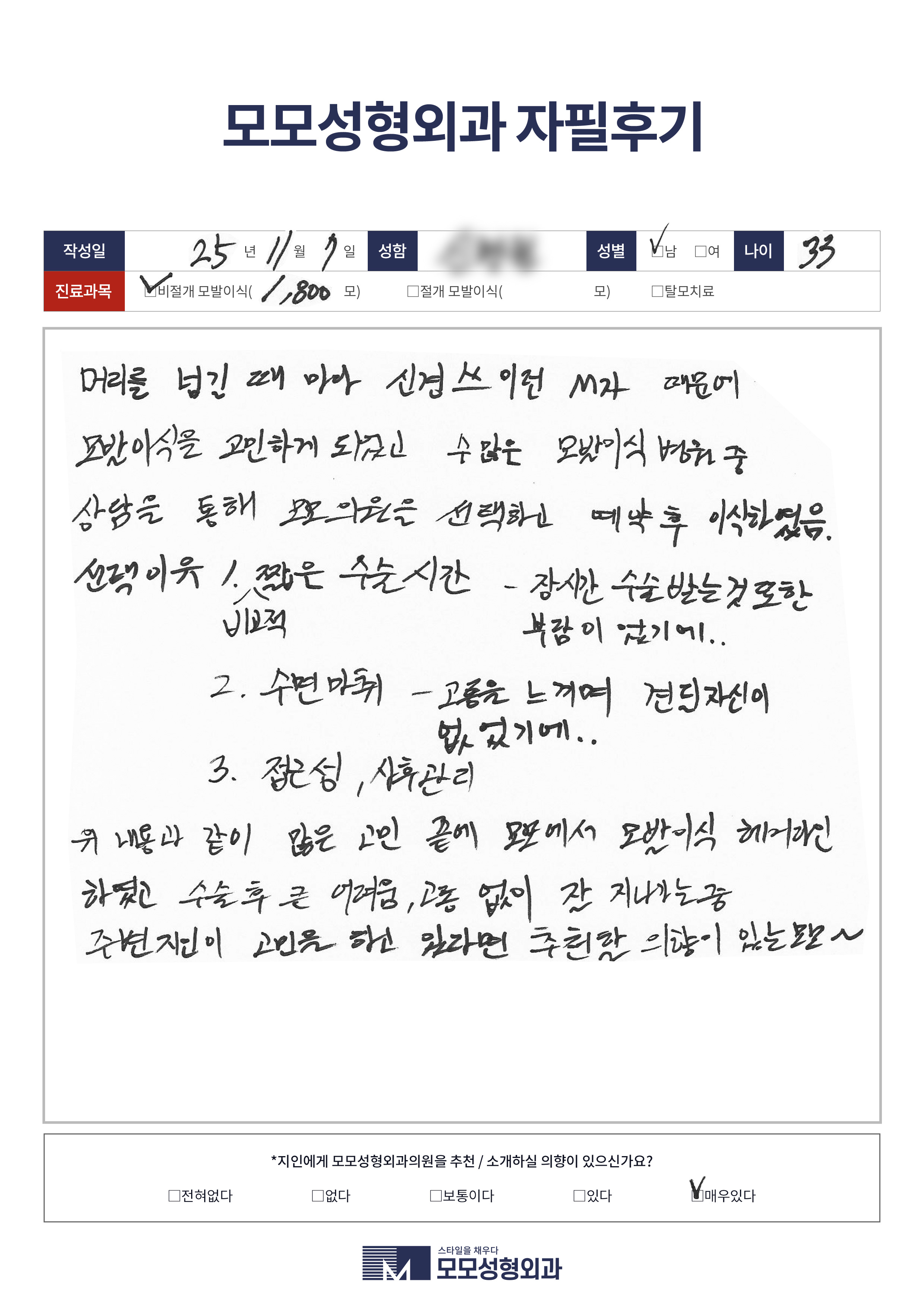 비절개모발이식 30대 1500모이상
