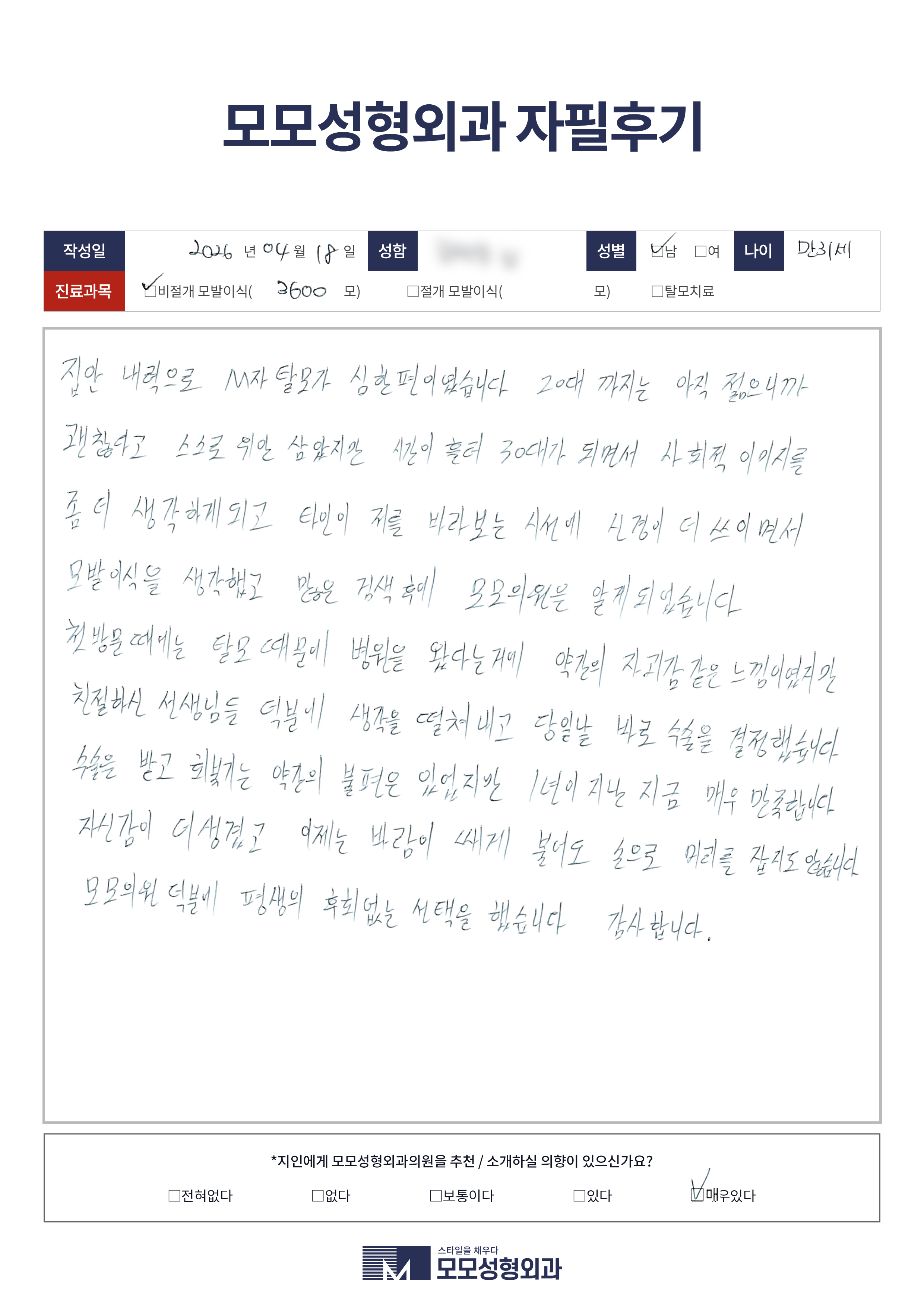 비절개모발이식 30대 3500모이상