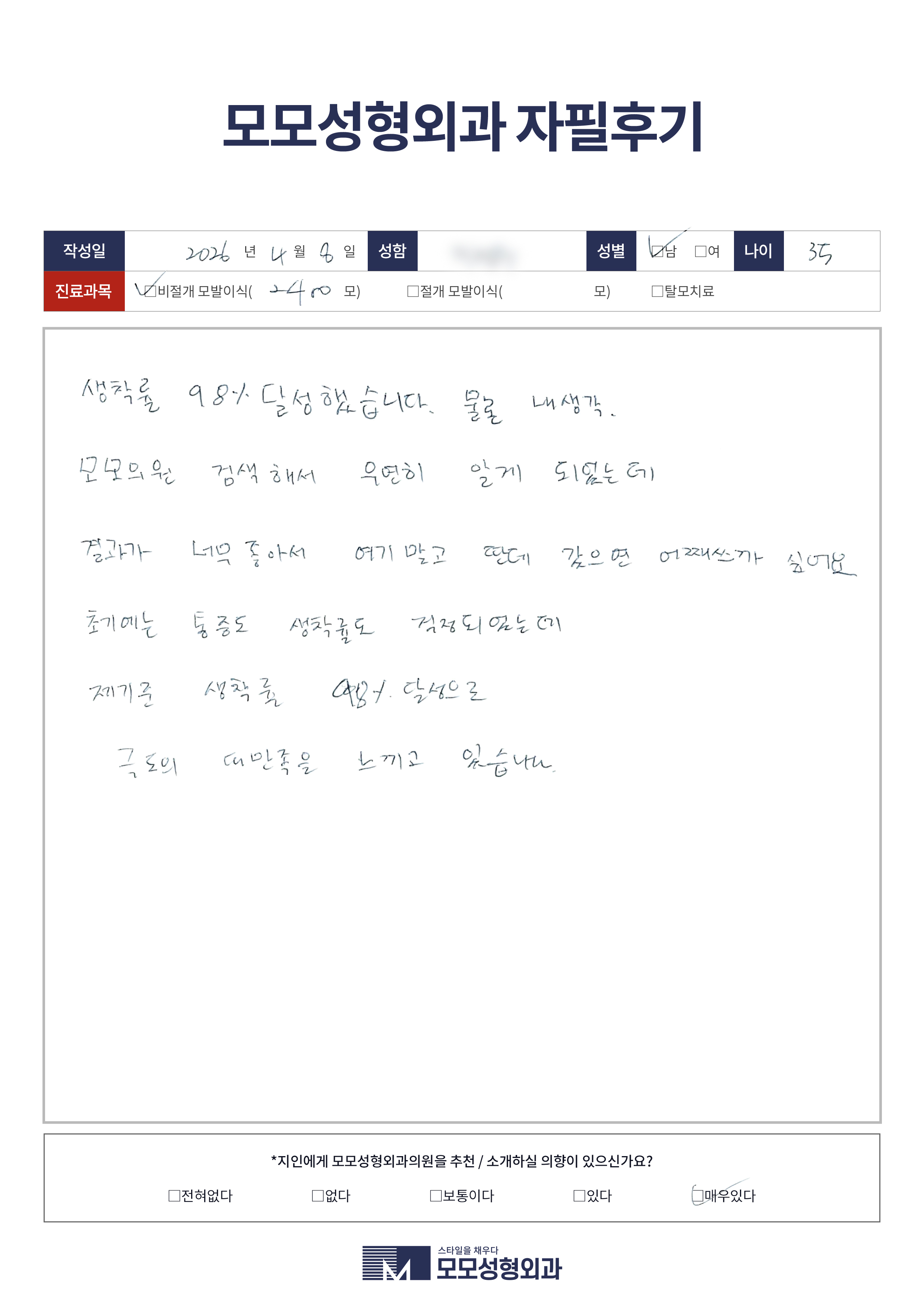 비절개모발이식 30대 2000모이상