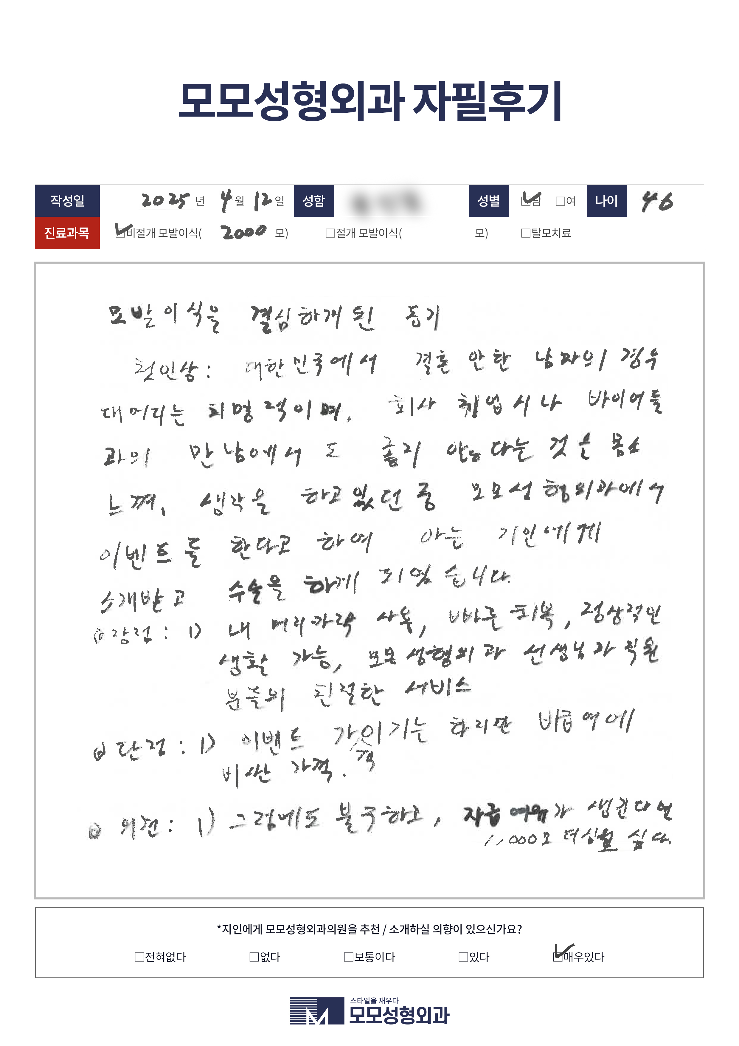 비절개모발이식 40대 2000모