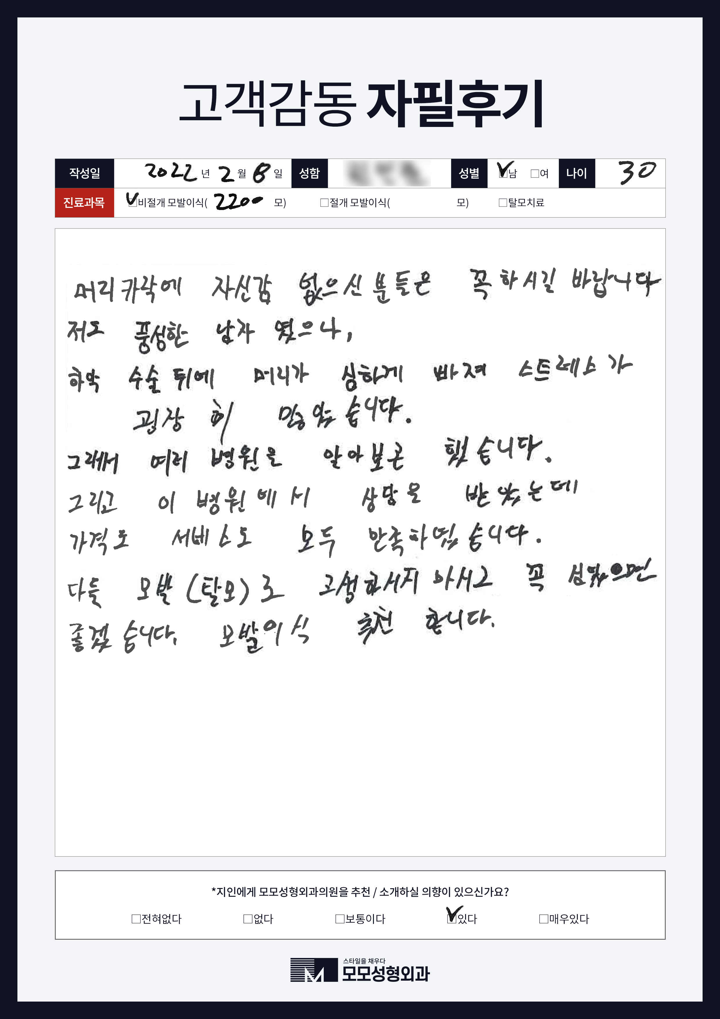 비절개모발이식 30대 2000모
