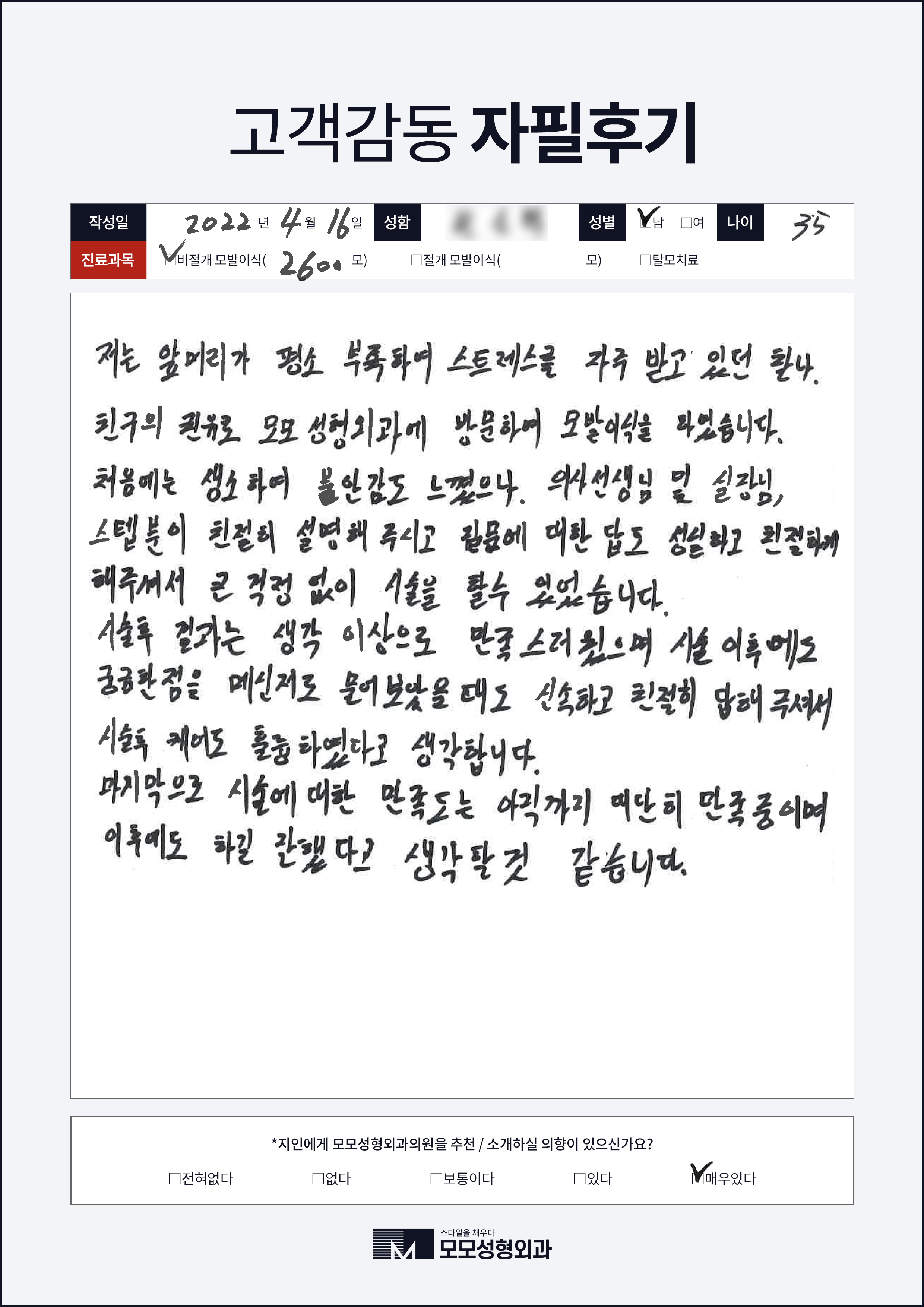 비절개모발이식 30대 2000모