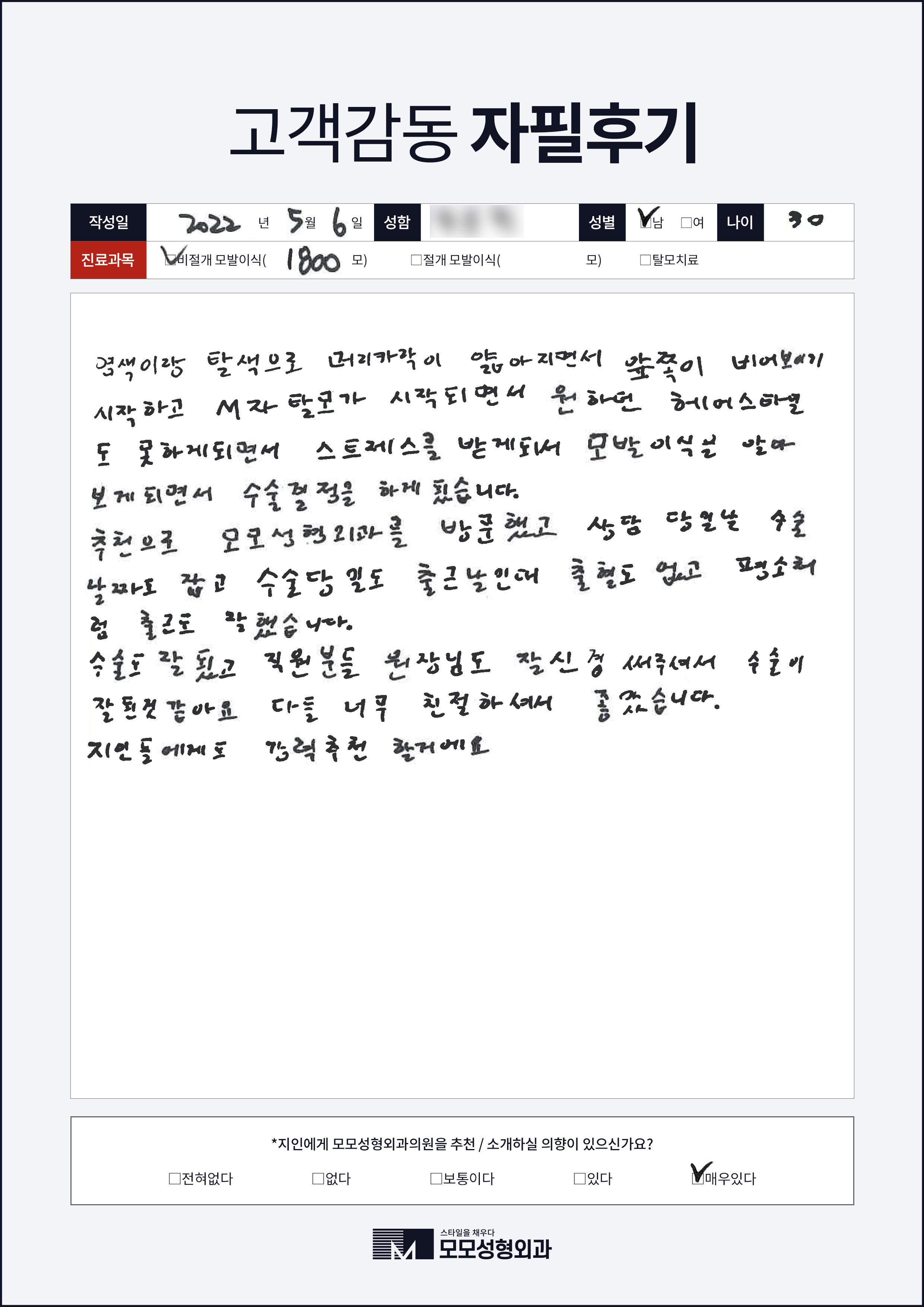 비절개모발이식 30대 1000모