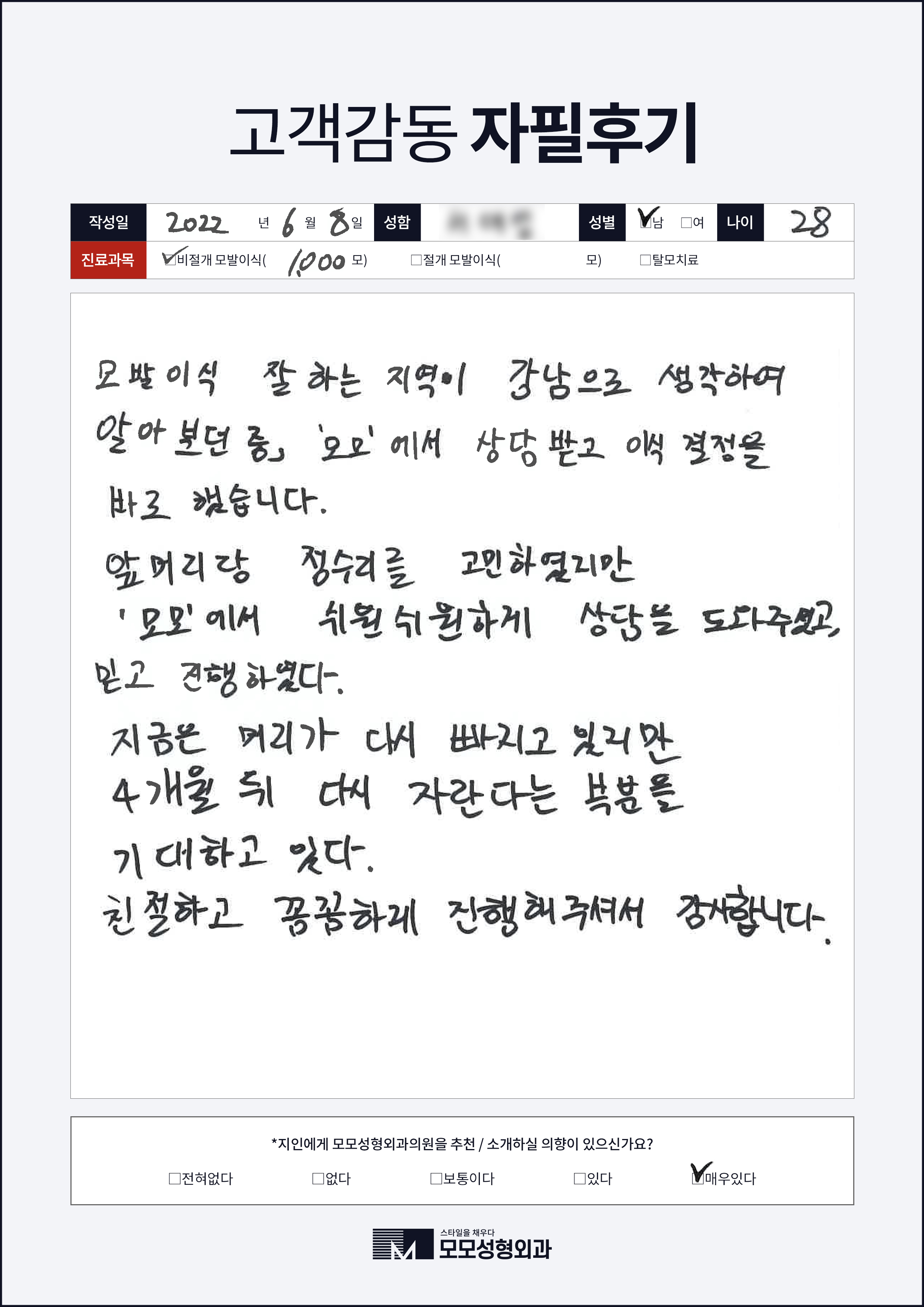 비절개모발이식 20대 1000모