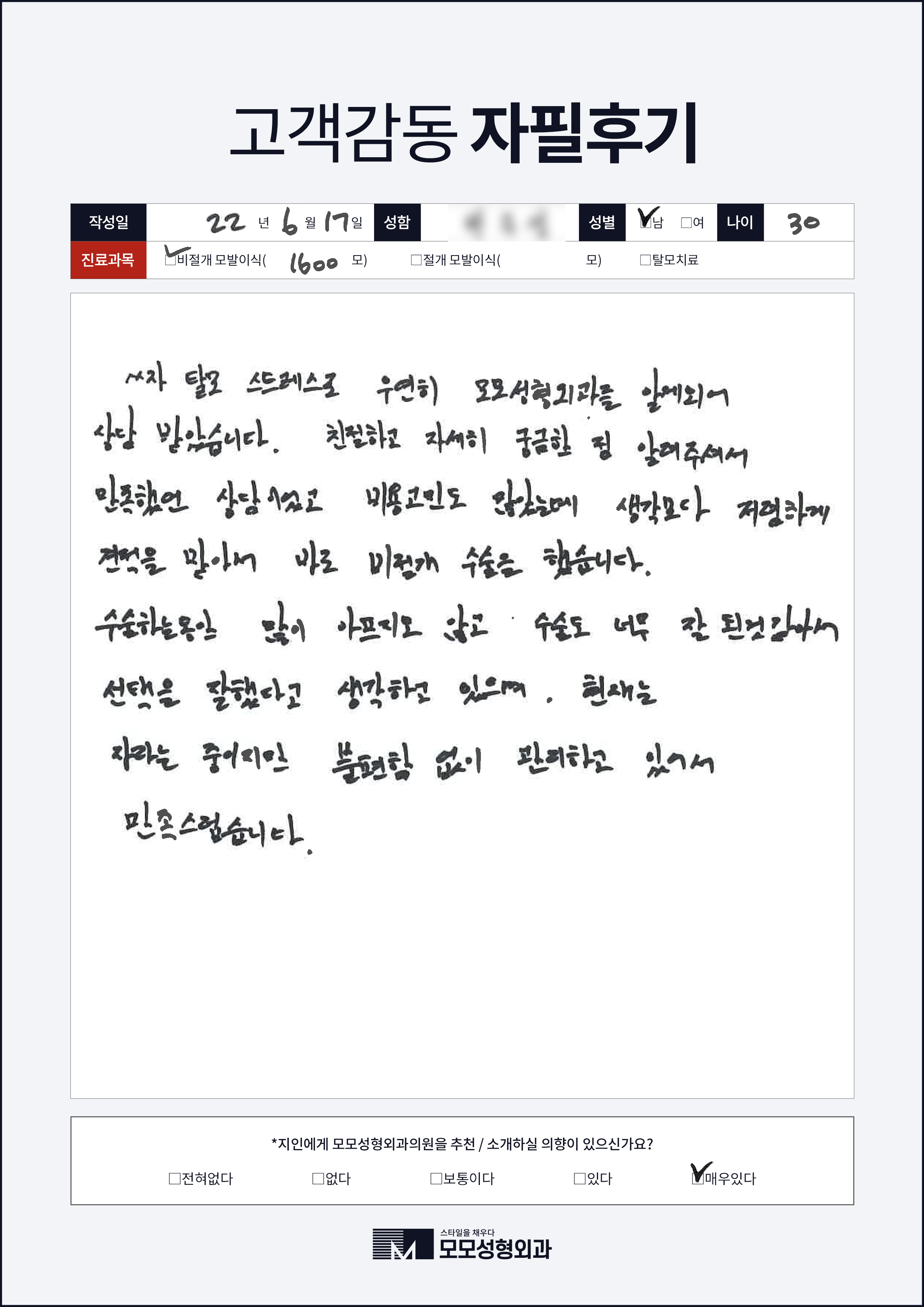 비절개모발이식 30대 1000모