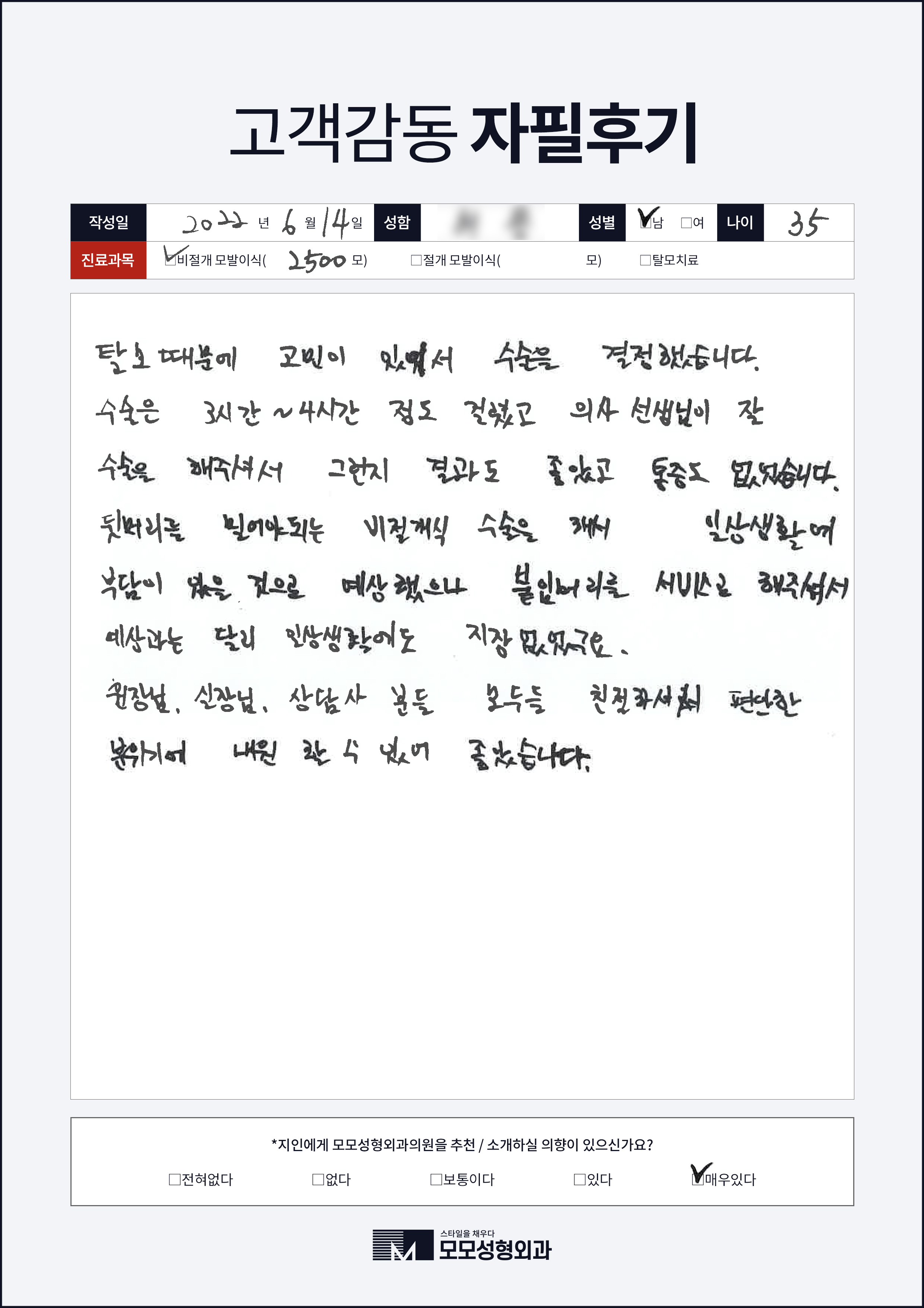 비절개모발이식 30대 2000모