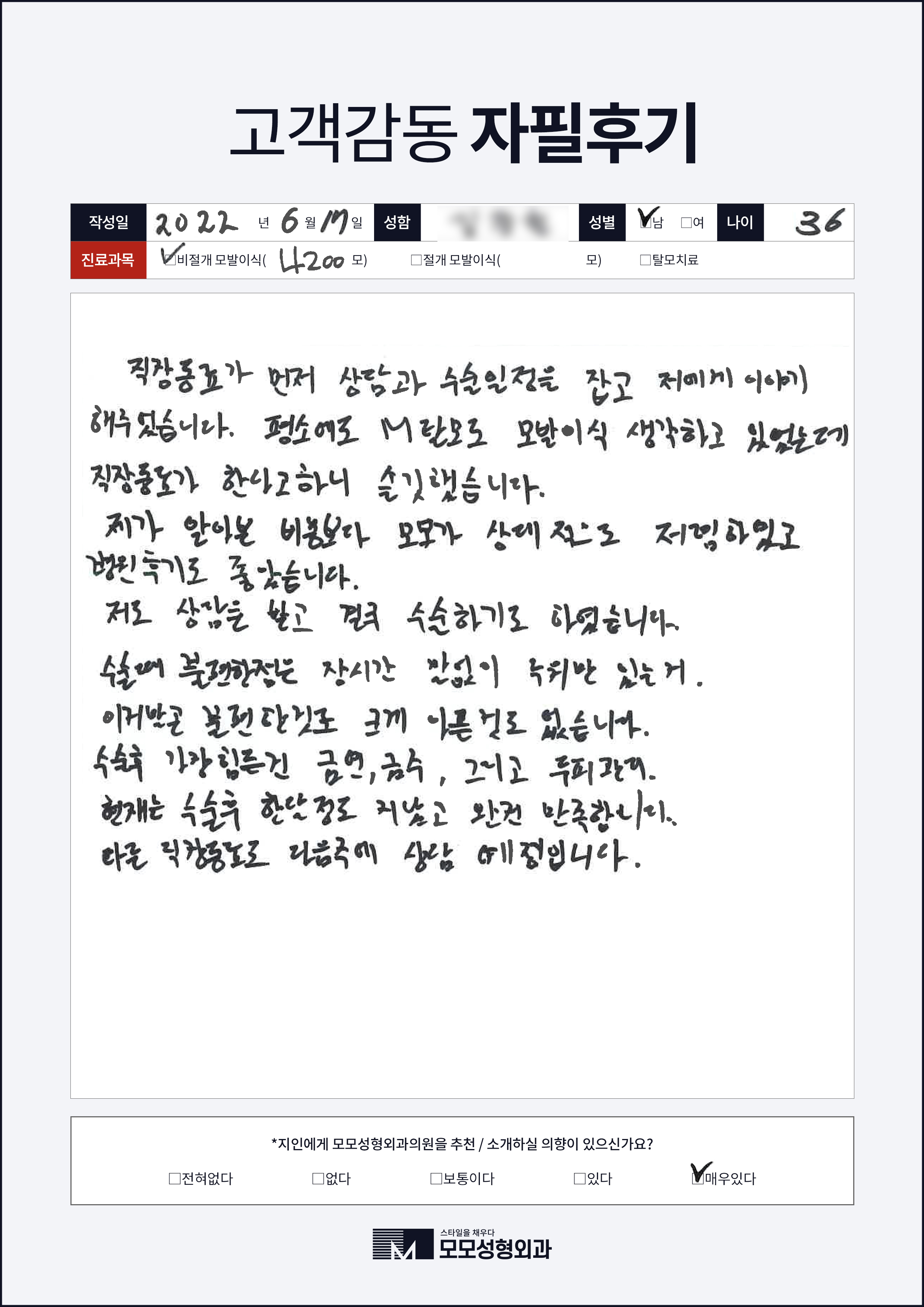 비절개모발이식 30대 4000모이상