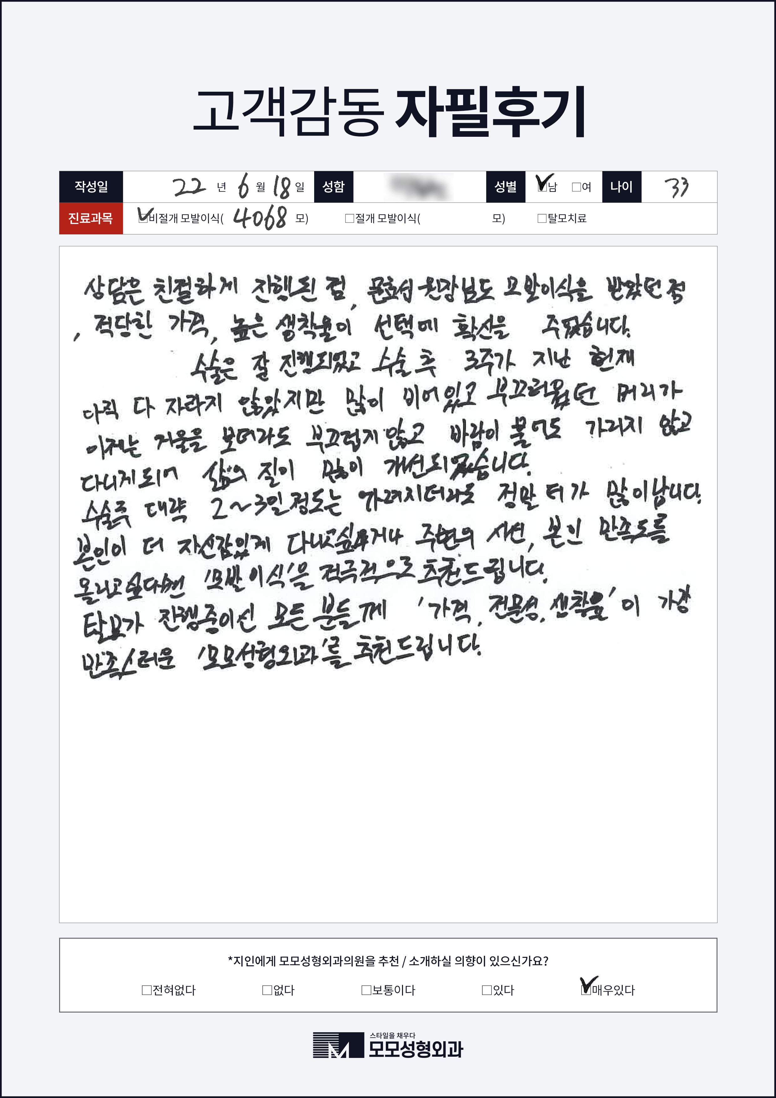비절개모발이식 30대 4000모이상