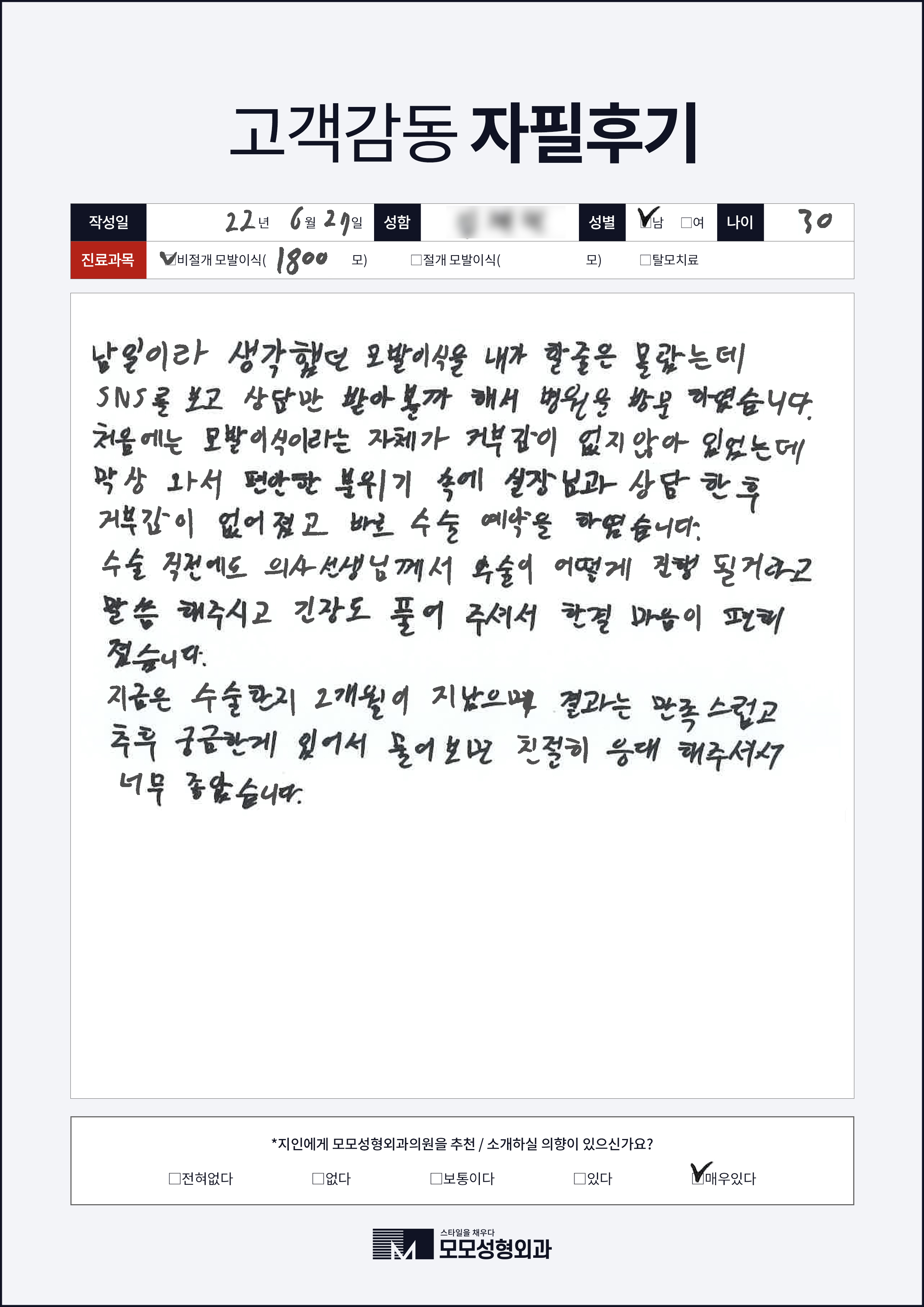 비절개모발이식 30대 1000모