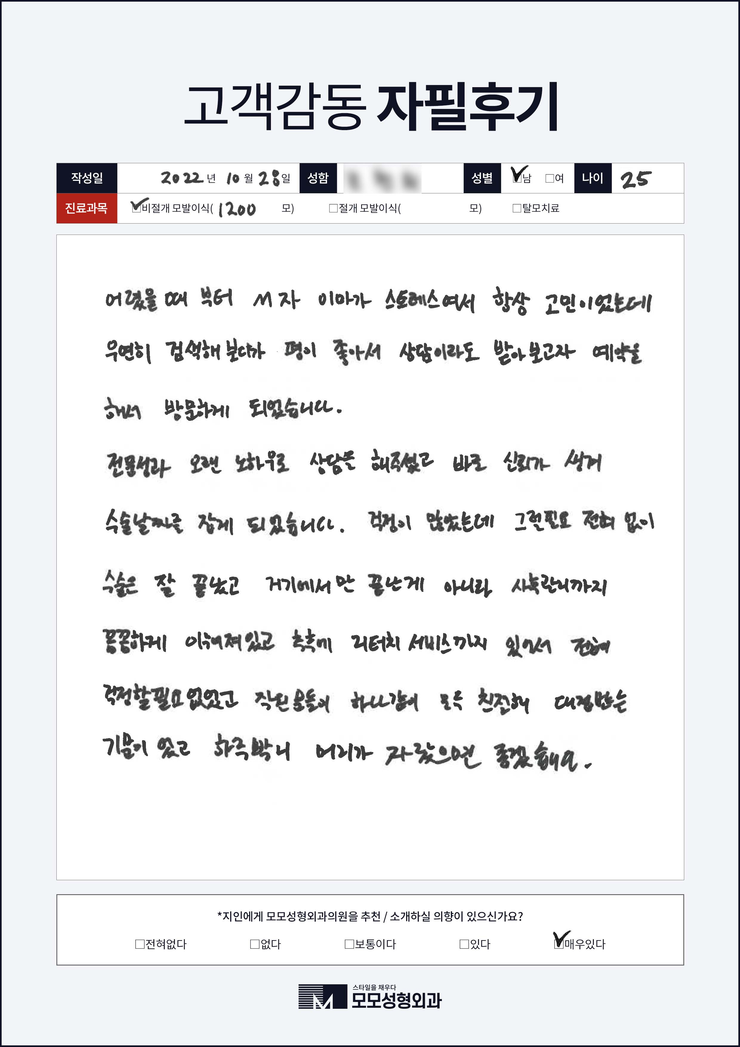 비절개모발이식 20대 1000모