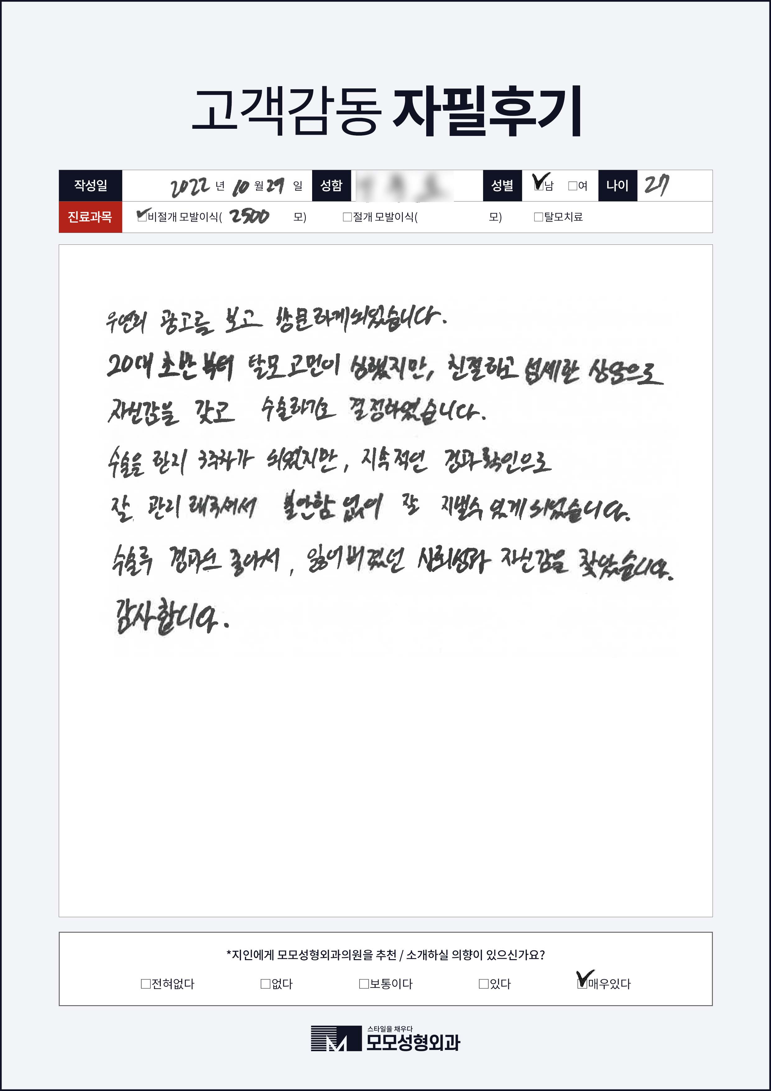 비절개모발이식 20대 2000모