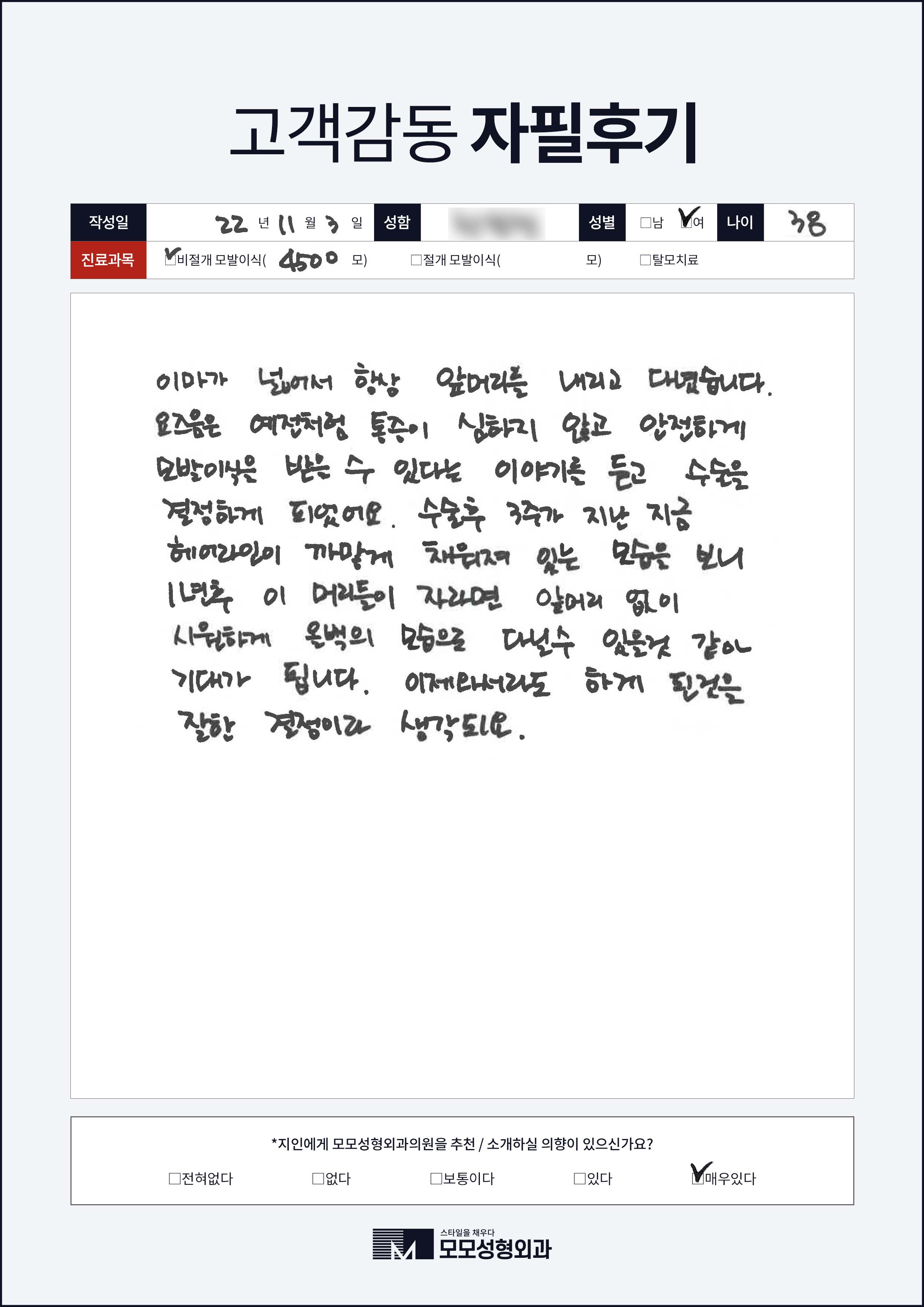 비절개모발이식 30대 4000모이상