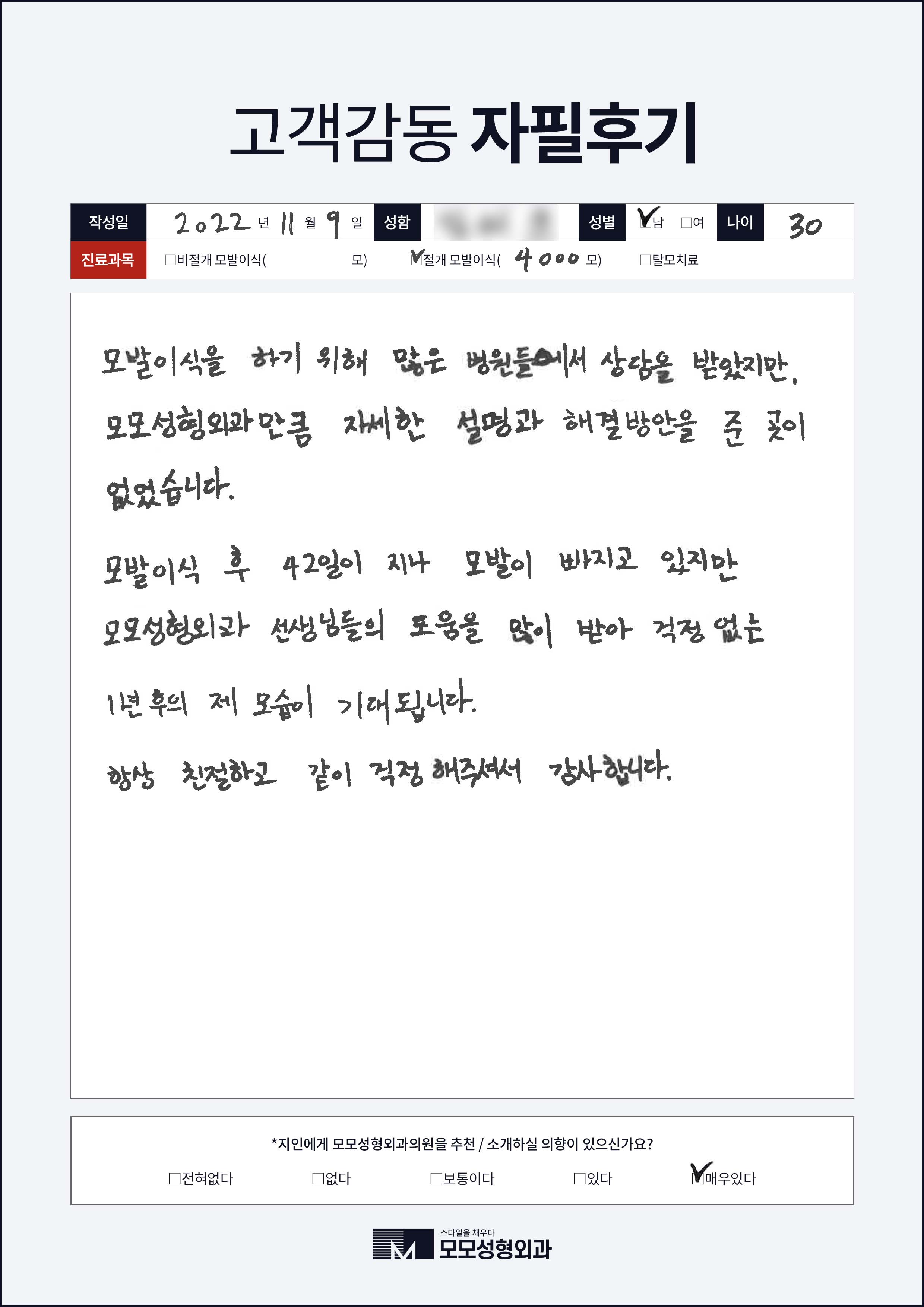 절개모발이식 30대 4000모이상